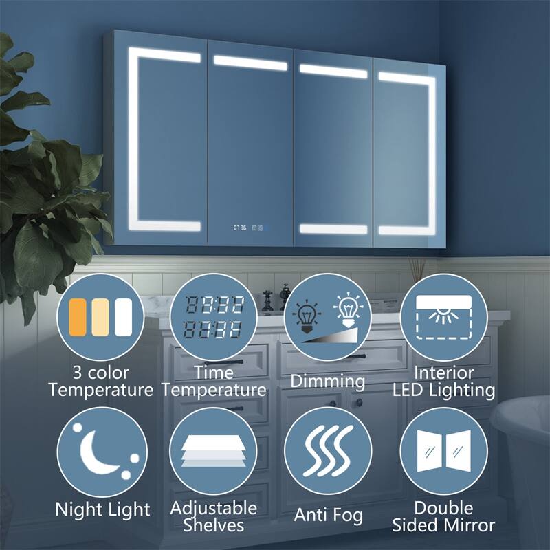 Aluminum Surface/Recessed Mount LED Medicine Cabinet with Mirror, Outlet and Shelves