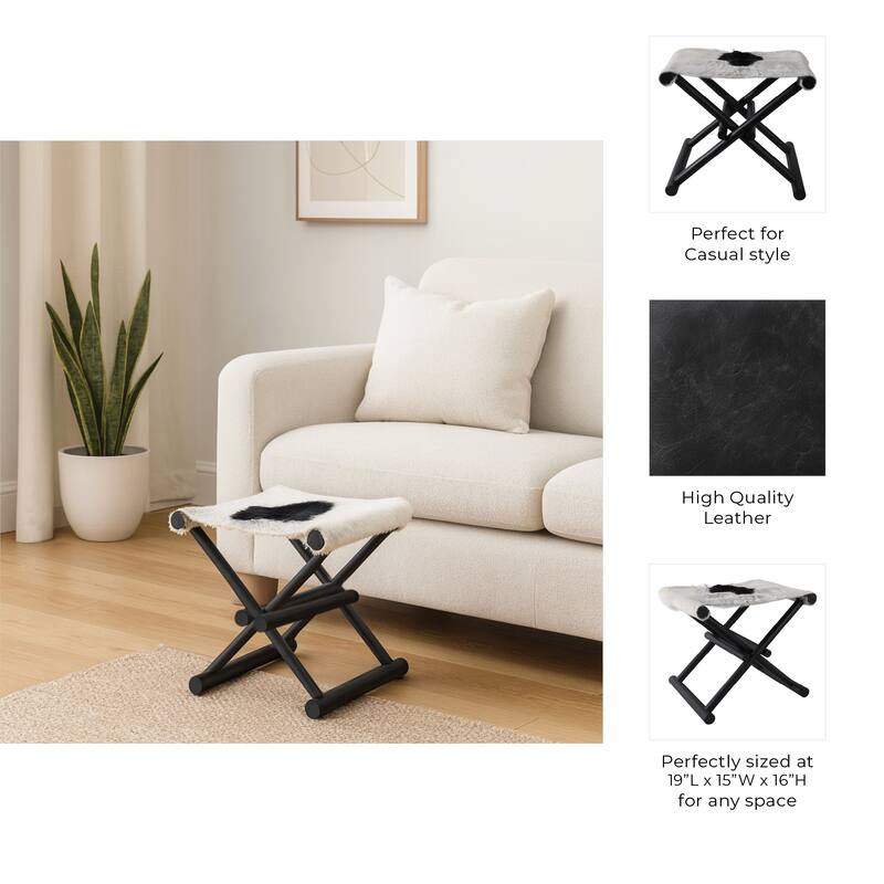 Foldable Backless Cowhide Storage Stool with Solid Wood Frame