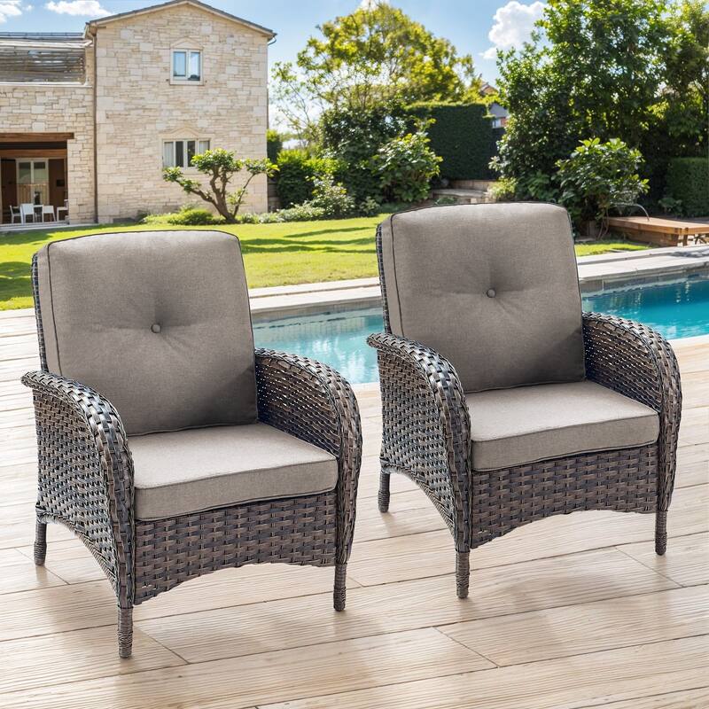 Gymojoy Stylish High Back Outdoor Wicker Dining Chairs Set of 2 - 2-Piece - Brown Wicker / Grey Cushion