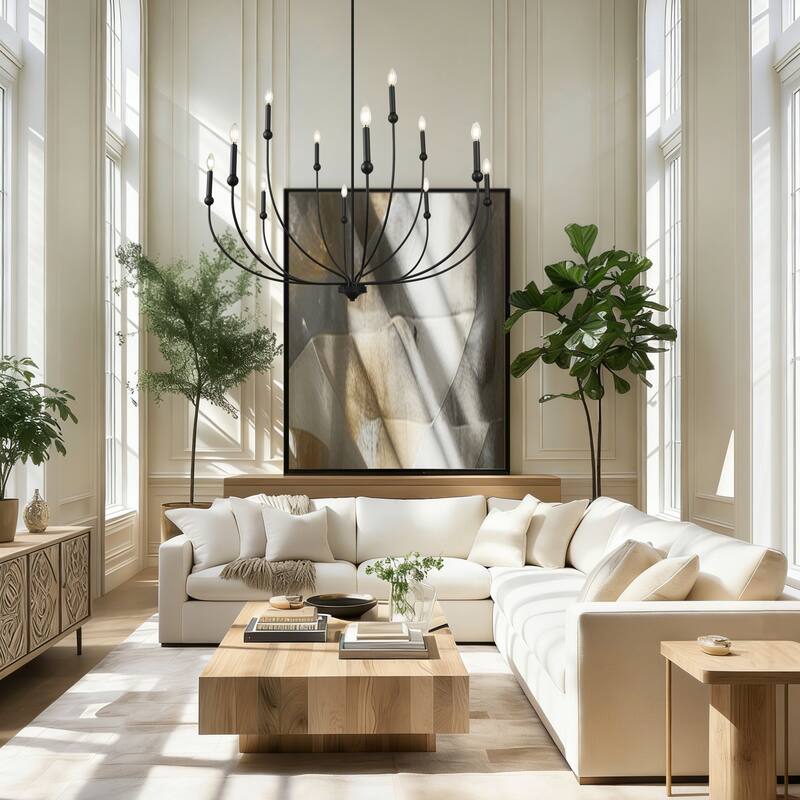 Oriea Modern Transitional 2-Tier 12-Light Black Wheel Chandelier for Large Living Dining Room Entryway - Dia. 48.8" x H 31.5"