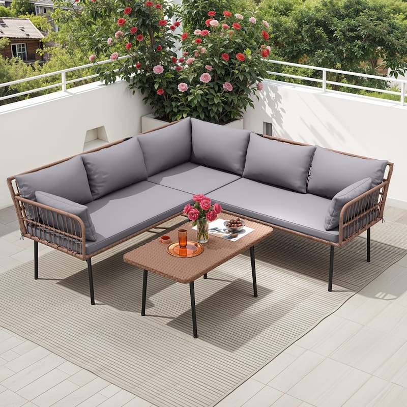 Moasis Outdoor Patio All-Weather Wicker Loveseat/Bistro Set/Sectional Sofa with Cushions and Lumbar Pillows - Sectional Sofa with Table - Grey