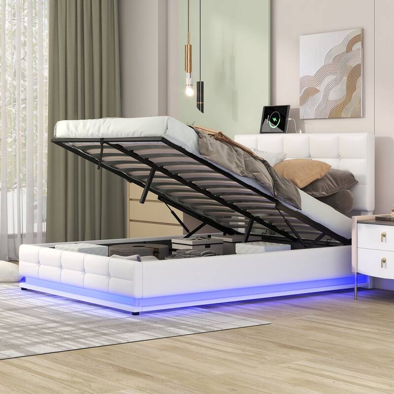Tufted Platform Bed with Hydraulic Storage System, LED Lights and USB Charger