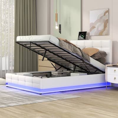 Tufted Platform Bed with Hydraulic Storage System, LED Lights and USB Charger