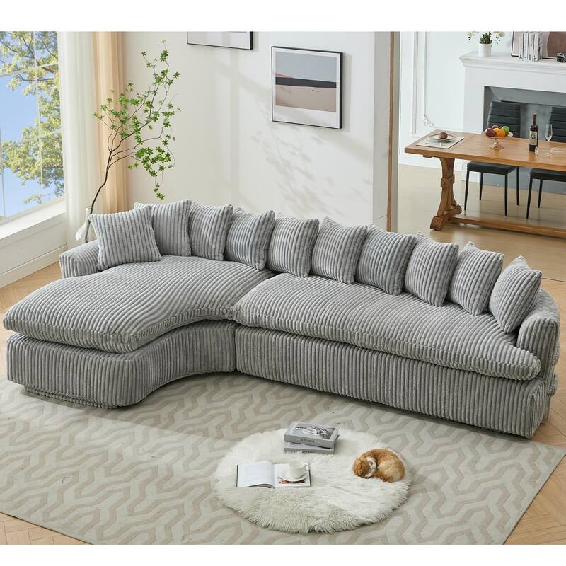 127" Corduroy L-Shaped Sectional Sofa with 10 Back Cushions