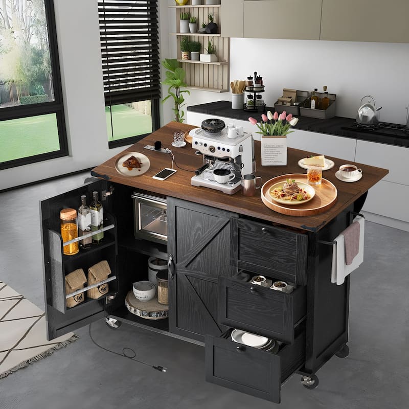 54.5-inch Farmhouse Kitchen Island with Rolling Kitchen Cart on Wheels, Folding Breakfast Bar with Electrical Outle-White/Black - Portable - Black - Wood