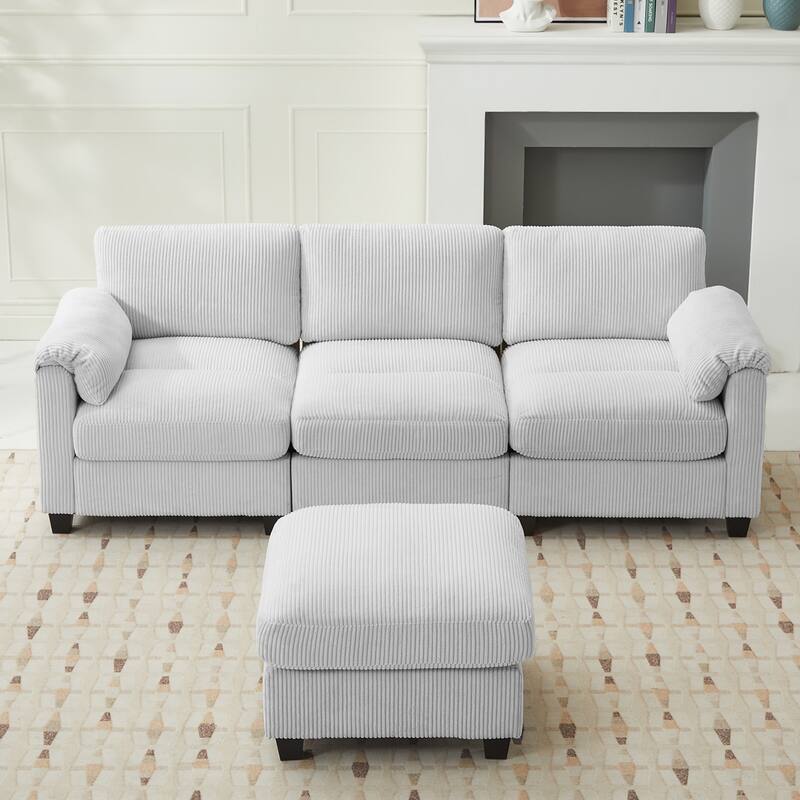 Multi-Seater Corduroy Sectional Sofa, Modular Settee, Included Removable Ottomans