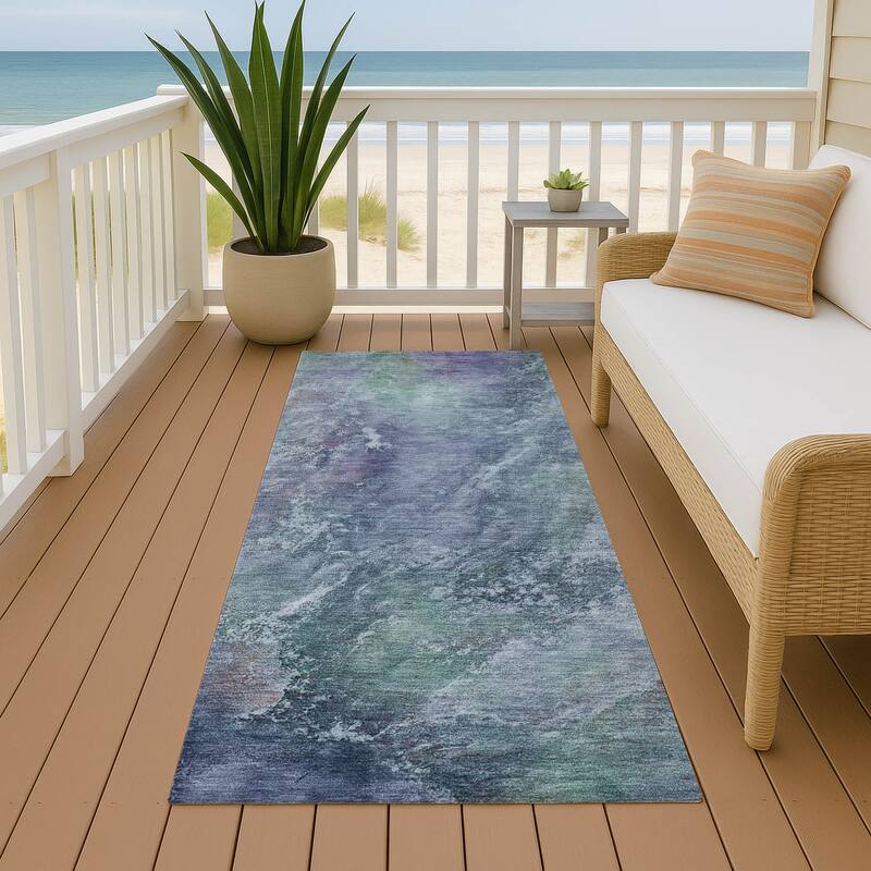 Machine Washable Indoor/ Outdoor Abstract Watercolor Chantille Rug - Blue - 2'3" x 7'6"