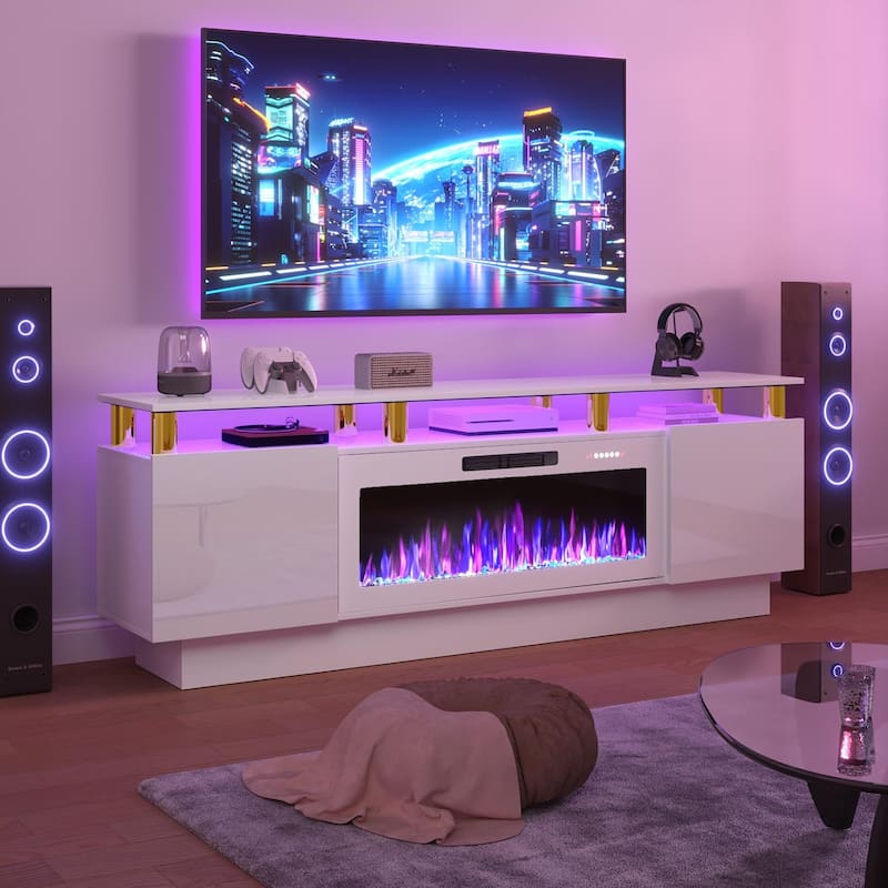 BOSSIN 70" Modern Electric Fireplace TV Stand, with Electronic Flame and LED Lights, High Gloss Finish Entertainment Center - New White/Gold