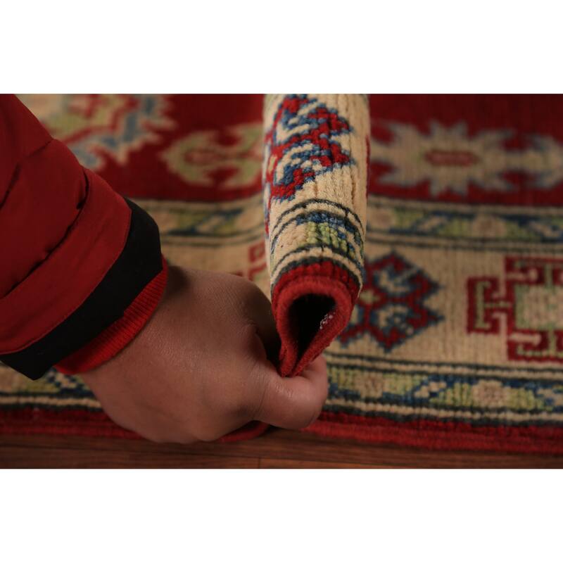 Red Geometric Kazak Foyer Rug Handmade Wool Carpet - 2'8" x 4'3"
