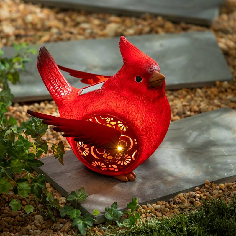 9 in. Solar Engraved Cardinal Resin Garden Statue