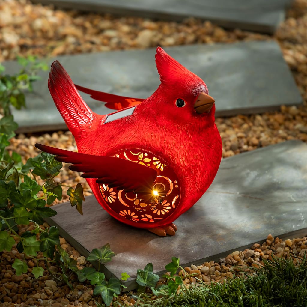 9 in. Solar Engraved Cardinal Resin Garden Statue