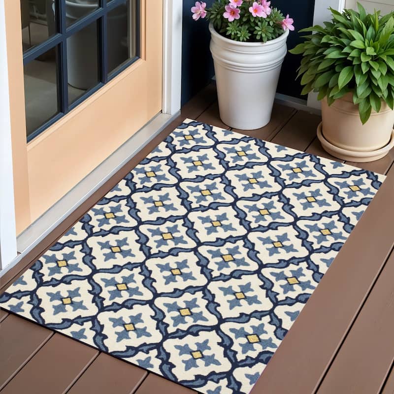 Pava Stylish Geometric Weather Resistant Sleek Contemporary Hand-Woven Outdoor Rug - 2' x 3' - 2' x 3' - Ivory/Blue