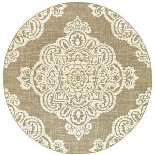 8' Round Tan Round Oriental Stain Resistant Indoor Outdoor Area Rug - 6 ...