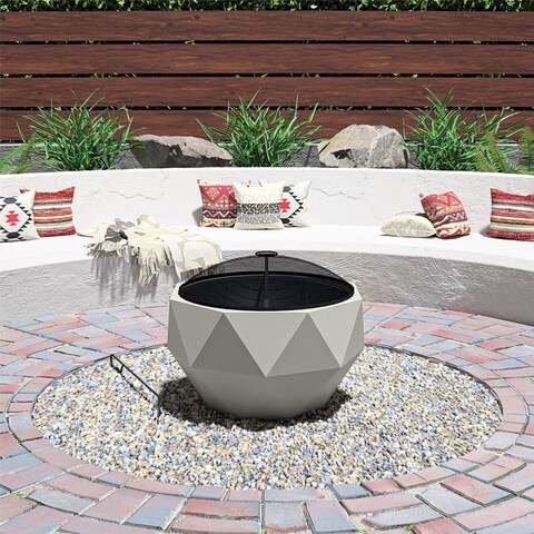 COSCO Ceramic Outdoor 25 inch Geo Wood Burning Fire Pit with Rain Cover and Accessories