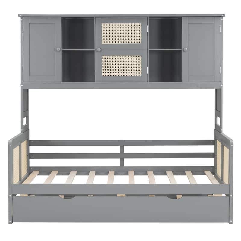 Twin Daybed with Roll-Out Trundle, Storage Shelves & Cabinet, Sturdy Wood Construction