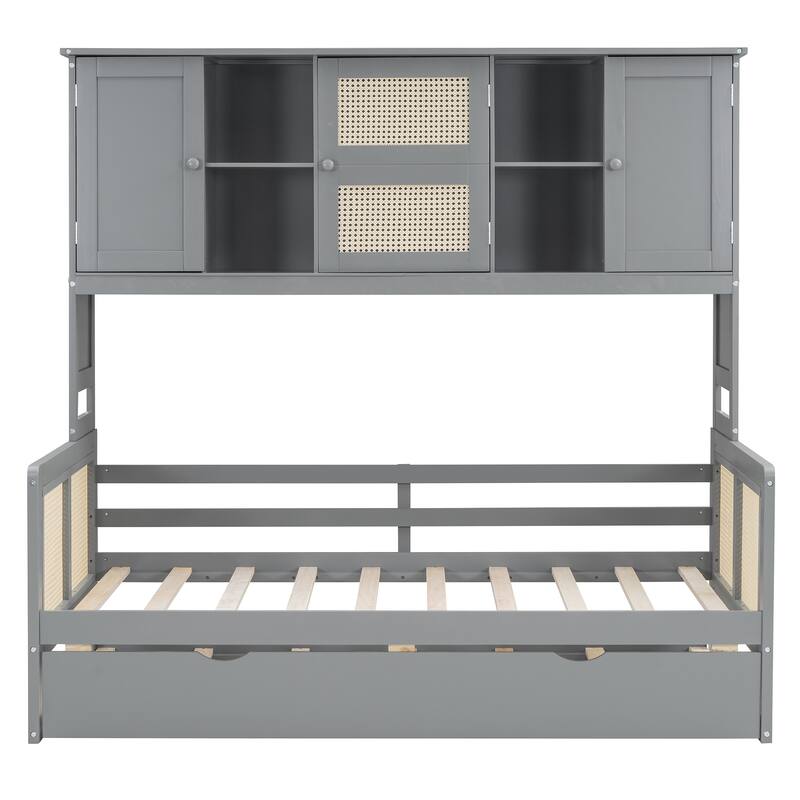 Twin Size Wooden Daybed with Twin Size Trundle, All-in-One Cabinet & Shelf,Gray