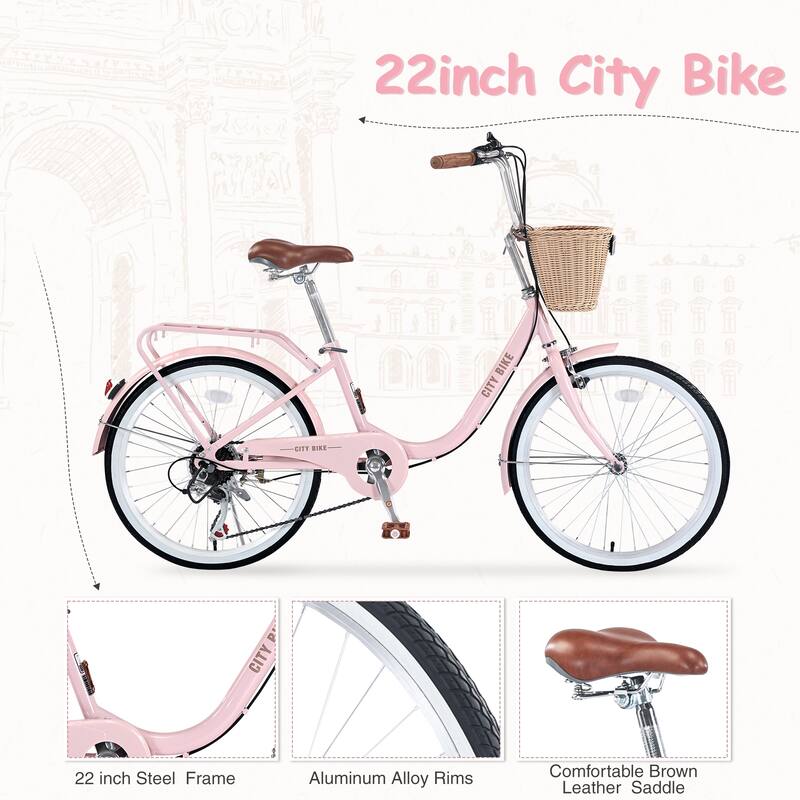7 Speed Comfort City Bike, 22 Inch Road Cycling Bicycle with Leather Saddle and Basket, Steel Frame for Kids and Teens