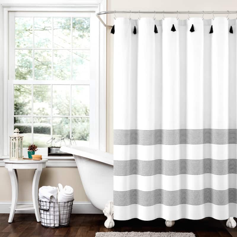 Lush Decor Boho Tassel Stripe Yarn Dyed Eco-Friendly Recycled Cotton Shower Curtain Single