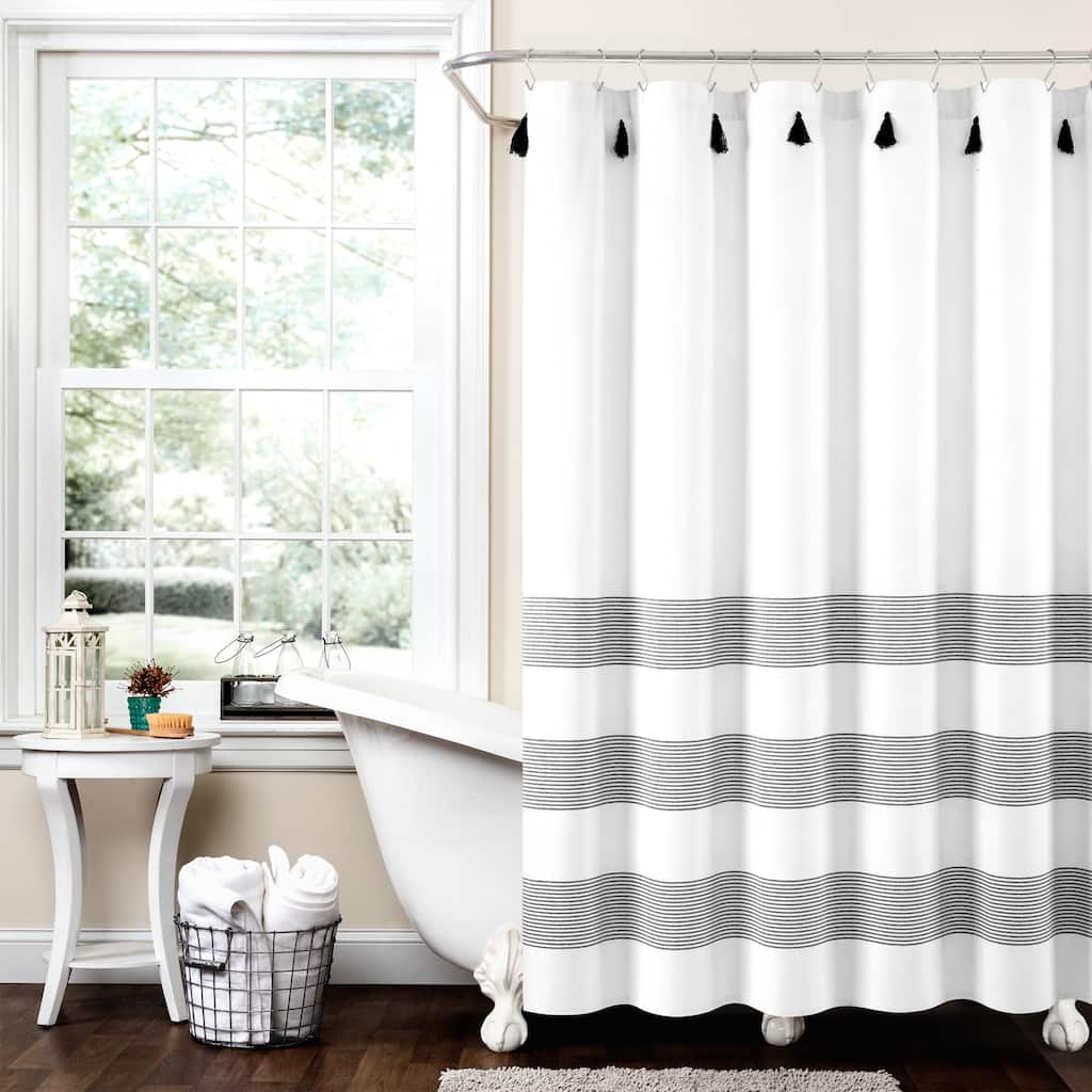 Lush Decor Boho Tassel Stripe Yarn Dyed Eco-Friendly Recycled Cotton Shower Curtain Single