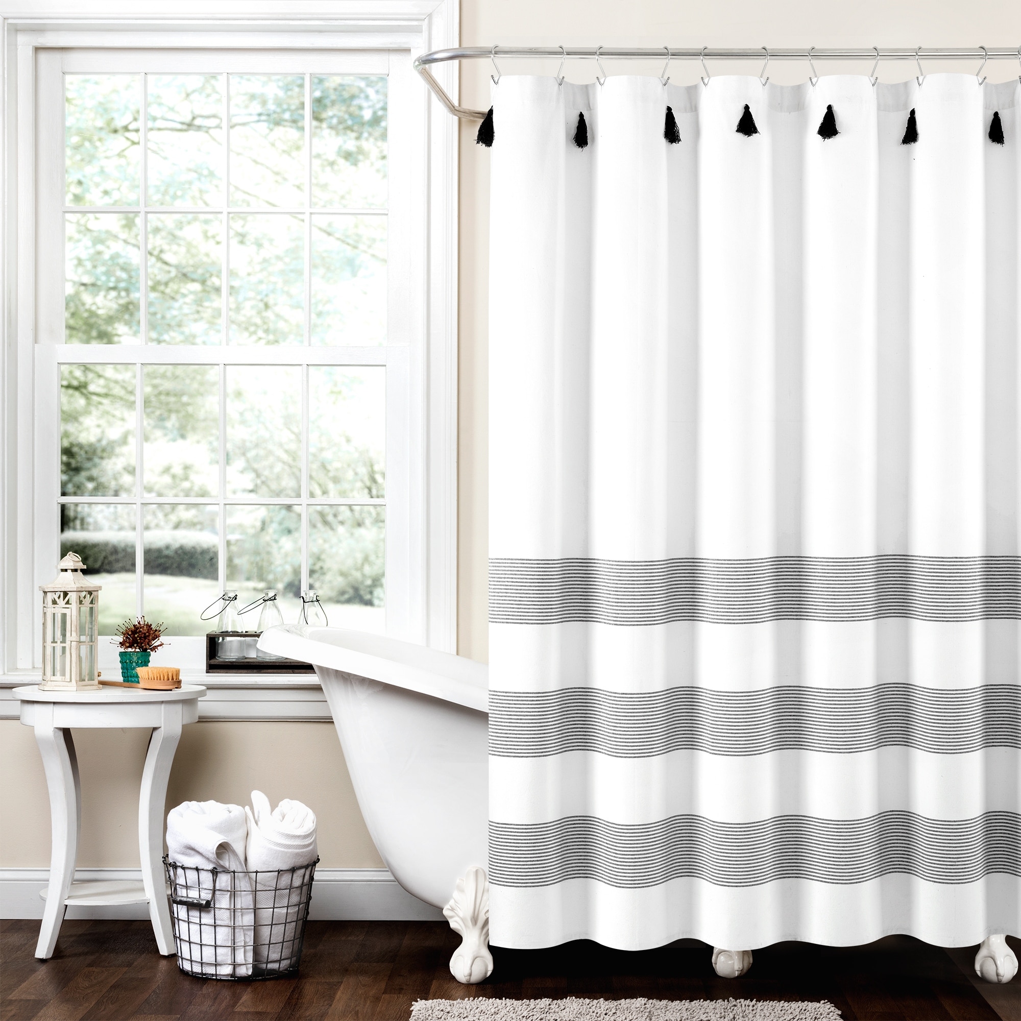 Lush Decor Boho Tassel Stripe Yarn Dyed Eco-Friendly Recycled Cotton Shower Curtain Single