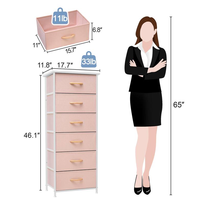 6 Drawers Chest - Vertical Storage Tower Steel / Wood / Fabric Dresser
