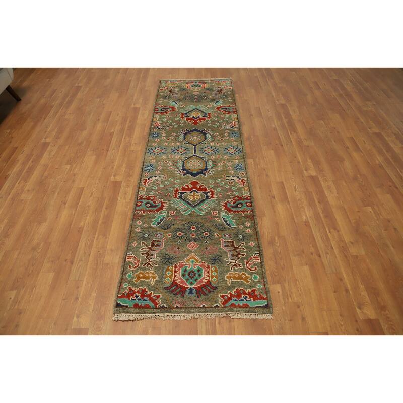 Hand Knotted Oriental 100% Wool Carpet Transitional All-Over Green Oushak Runner Rug - 8' 1'' X 2' 7''