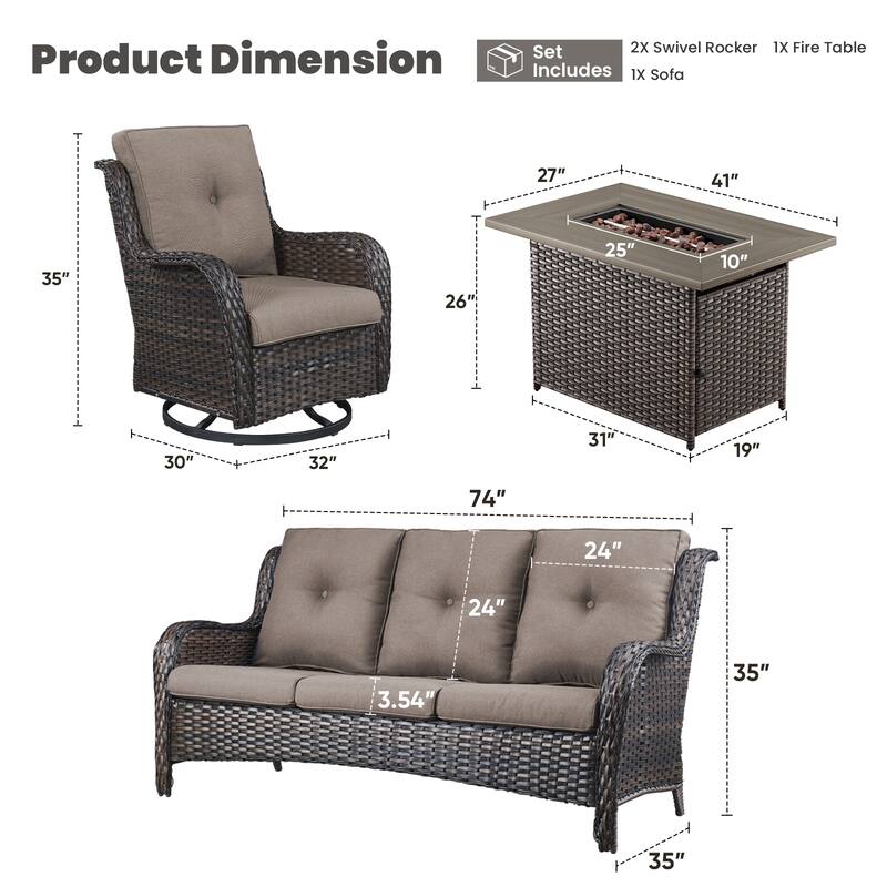 Gymojoy 4-Piece Outdoor Wicker Patio Furniture with Fire Pit Table, Rattan Coversation Set with Water Resistant Thick Cushions