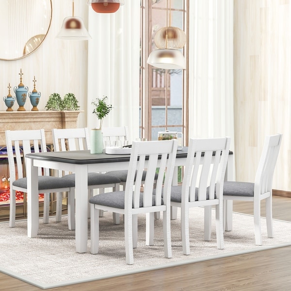 EDWINRAYLLC Simple Living 7 Piece Dining Tables Set with 6 White Upholstered Chairs and Gray Extendable Table for Home Apartment Kitchen Gray Table White Chairs
