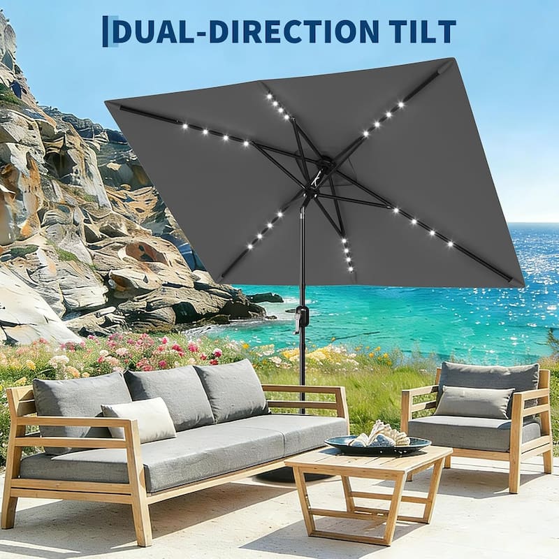 10' x 6.5' Solar Patio Umbrella with Crank and Push Button Tilt for Garden, Deck, Lawn, Pool with Lights (No Base)