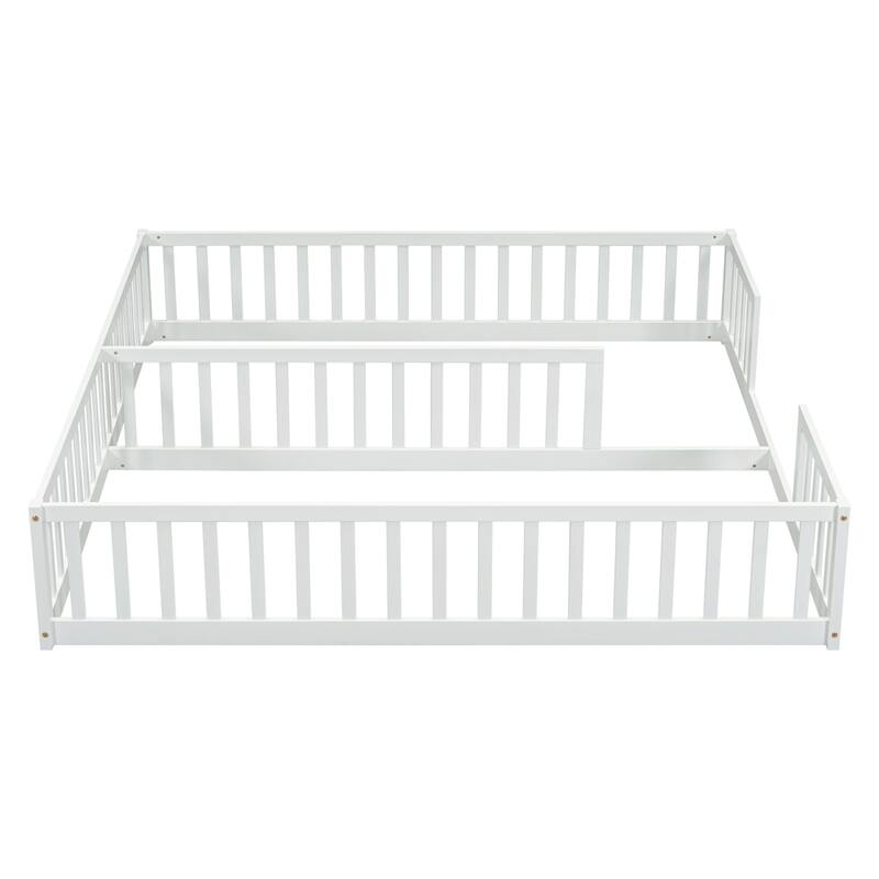 Double Twin Floor Bed with Fence, Guardrails, Without Door