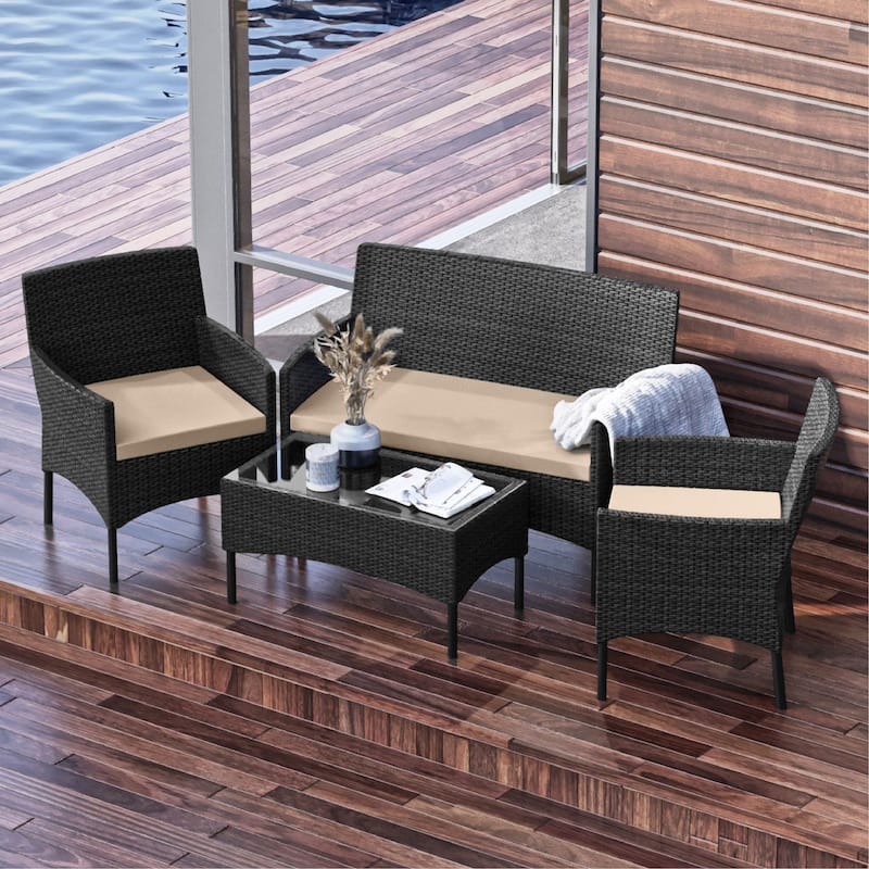 Nestl 4 Piece Wicker Patio Furniture Set - Outside Patio Conversation Set - Black Wicker / Beige Cushions