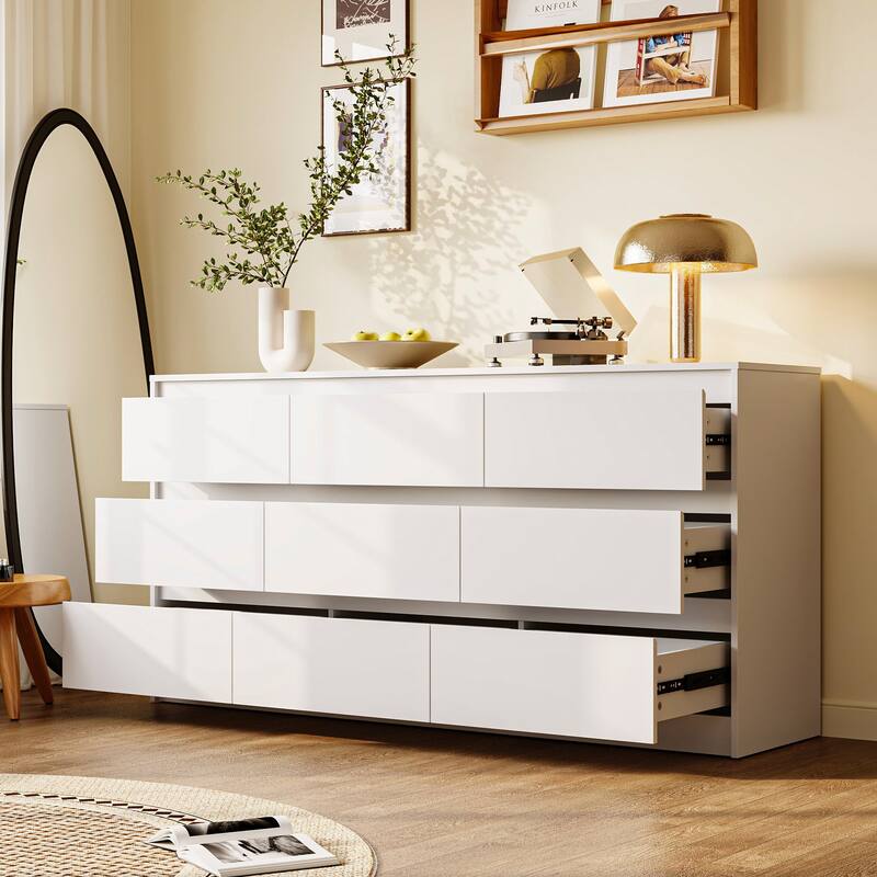 63" Modern 9-Drawer Dresser for Bedroom, Wide White Chest of Drawers, Large Storage Cabinet for Clothes Organization