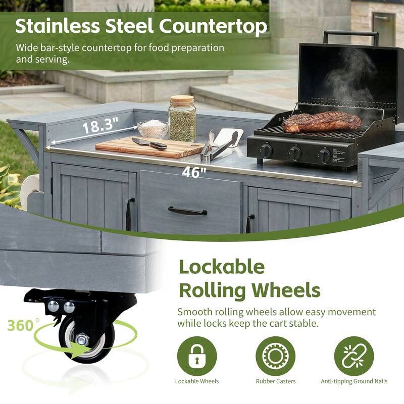 Roomfitters Outdoor Grill Cart and Kitchen Island, Stainless Steel Top, Portable Potting Bench with Storage, Wheels