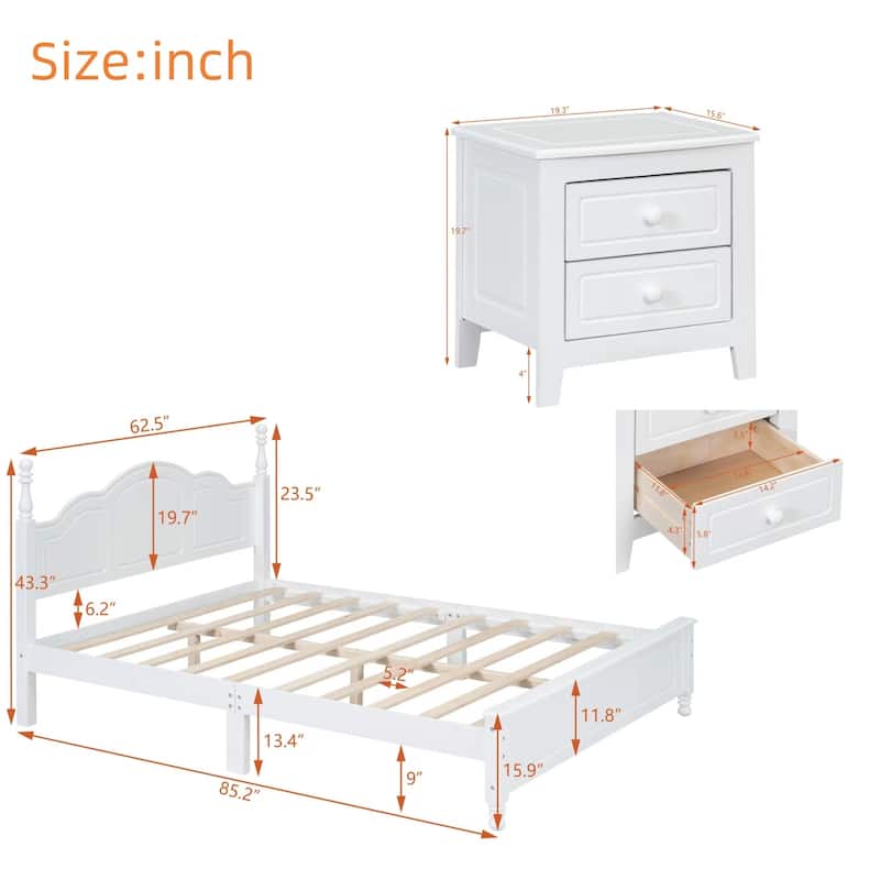 3-Pieces Bedroom Sets, Full/Queen Size Wood Platform Bed & 2 Nightstands, Modern Bed Frame w/ Headboard, Nightstand w/ 2 Drawers