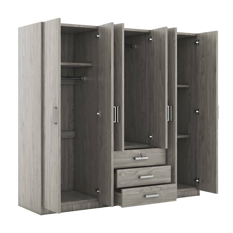 6-Doors Wardrobe Armoire with 3 Drawer, Shelves and Hanging Rail