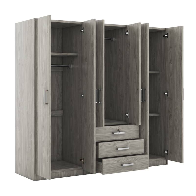 6-Doors Wooden Wardrobe Storage Modern Simple Wardrobe Hidden Wardrobe with Big Drawers and Silver Handles for Cloakroom