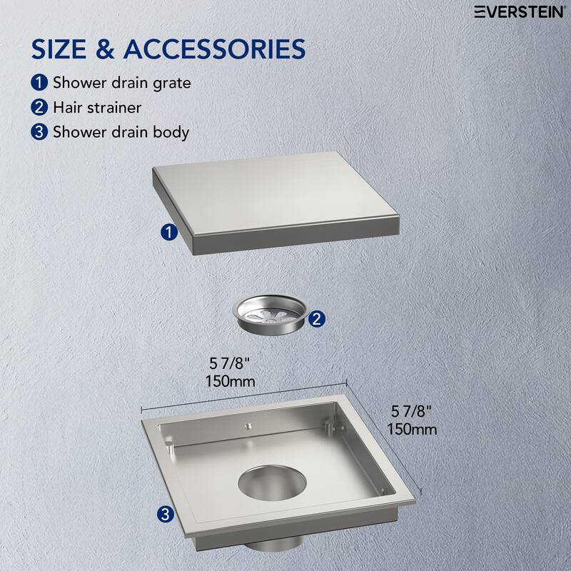 6"x6" Stainless Steel Square Shower Drain With Drain Cover