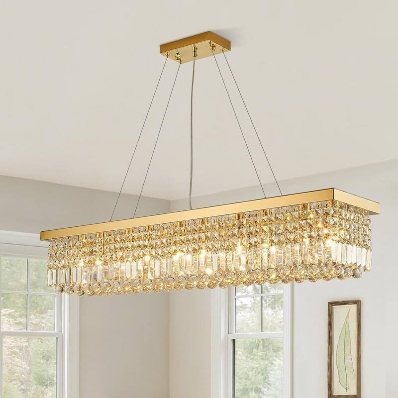 47 in. Rectangle Crystal Chandelier Modern Gold Crystal Chandelier Pendant Light Fixture for Dining Room Kitchen Island Bedroom
