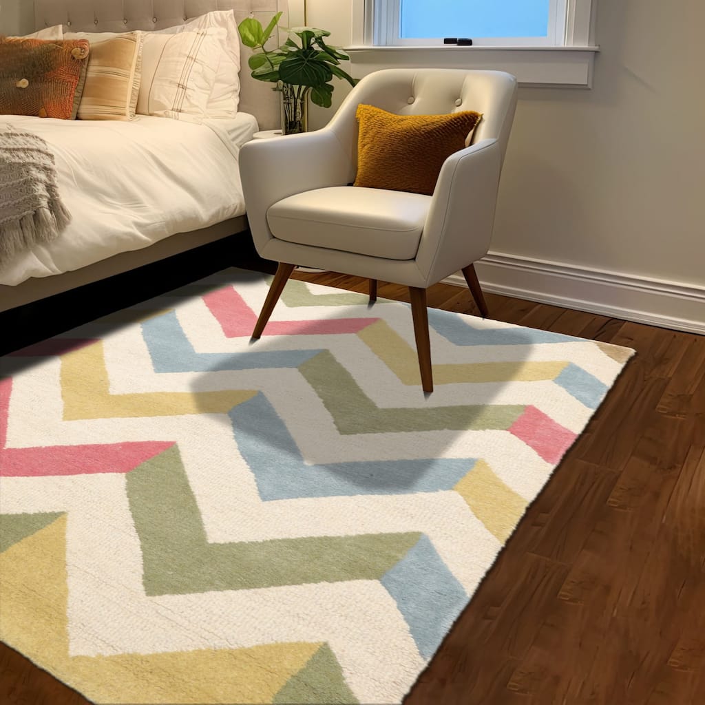 3x5 Oriental Rug with Chevron Patterns Ivory Wool Hand Tufted - 3' x 5'