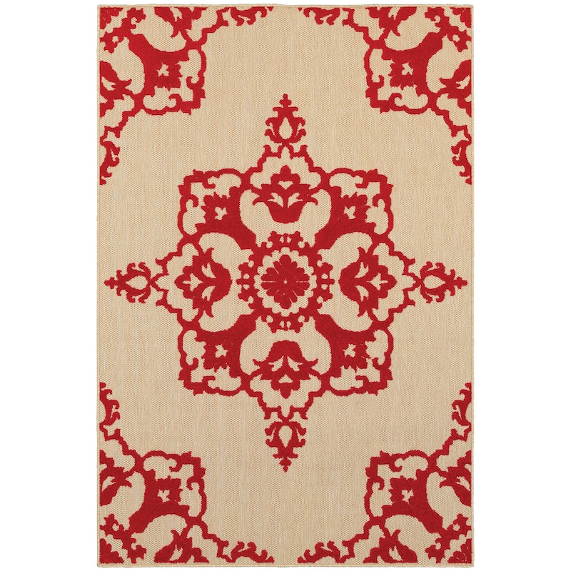 Charleston Sand Red Floral Medallion Outdoor Casual Area Rug
