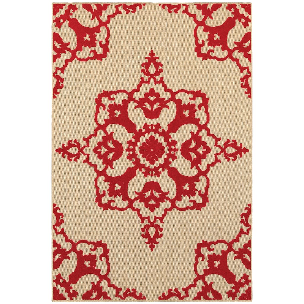 Charleston Sand Red Floral Medallion Outdoor Casual Area Rug
