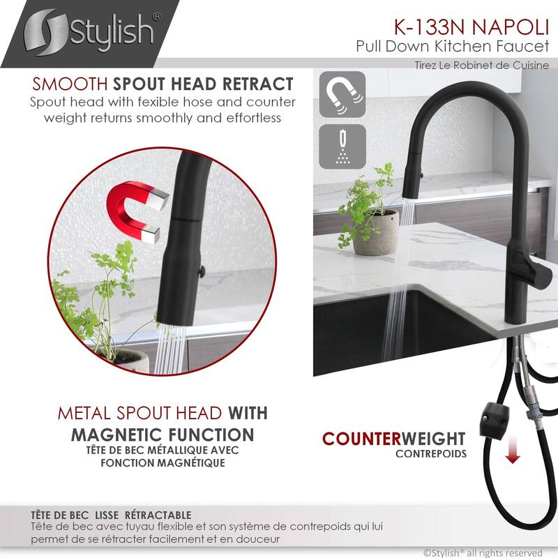 STYLISH Kitchen Sink Faucet Single Handle Pull Down Dual Mode in Stainless Steel