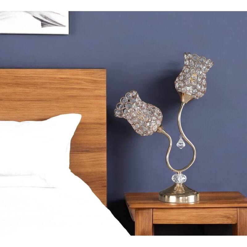HomeRoots Gold Two Light Bedside Table Lamp With Clear Novelty Shade - Small