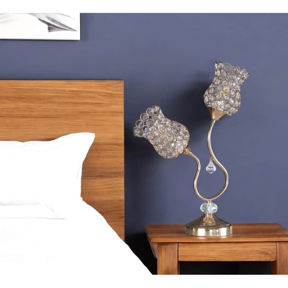 HomeRoots Gold Two Light Bedside Table Lamp With Clear Novelty Shade - Small