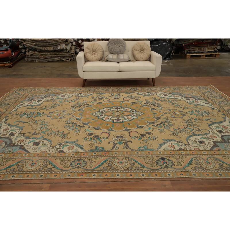 Hand Knotted Oriental 100% Wool Carpet Traditional Floral Brown Tabriz Area Rug - 12' 11'' X 9' 2''