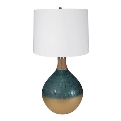 16x16x28.5 Inch Multicolor Glass Table Lamp with Linen Drum Shade for Living Room Entryway