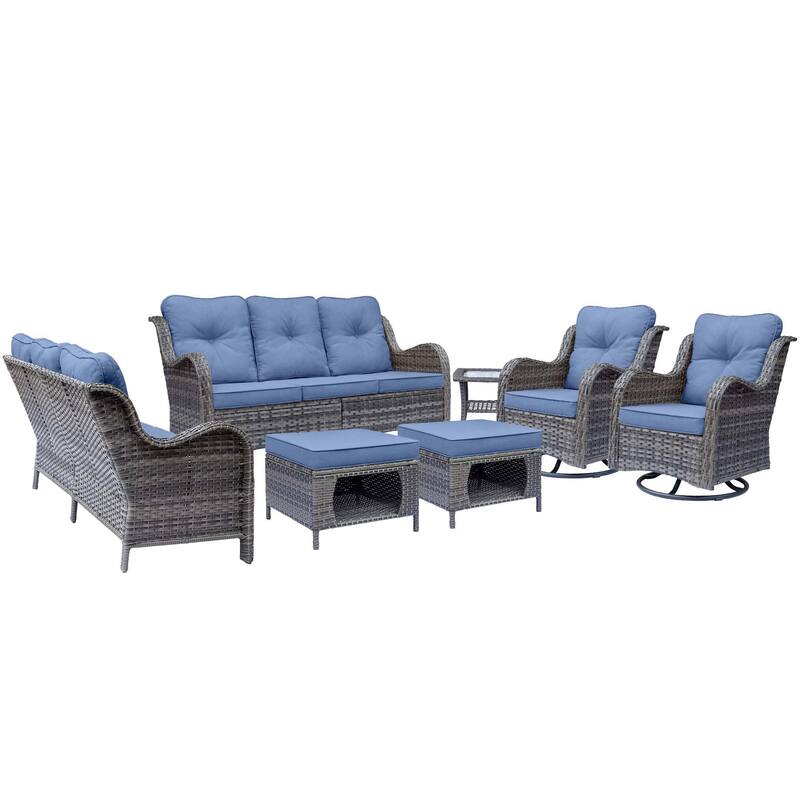 🏕️7-piece Rattan Patio Furniture Set Conversation Set with 360° High Back Swivel Chairs+Storage Ottoman, Cushions Included