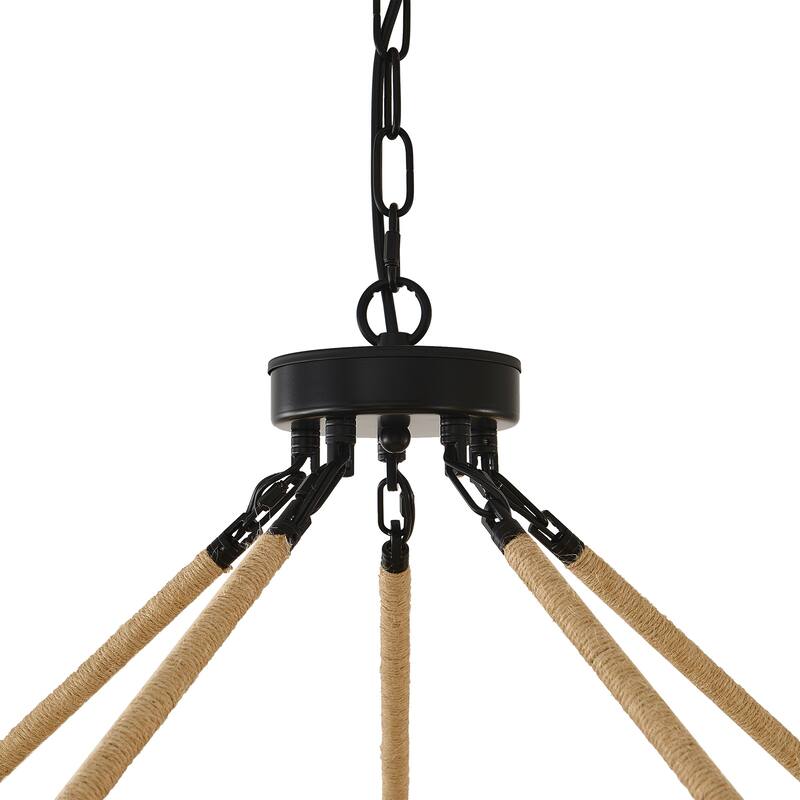 Modern Rustic Wagon Wheel Chandelier with Clear Glass Shades & Hemp Rope Accents