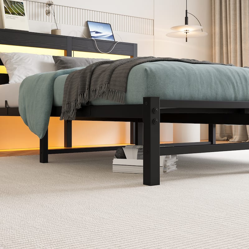 Metal Bed Frame with Wooden Headboard, RGB Lights, Outlets & Charger, Storage Shelf