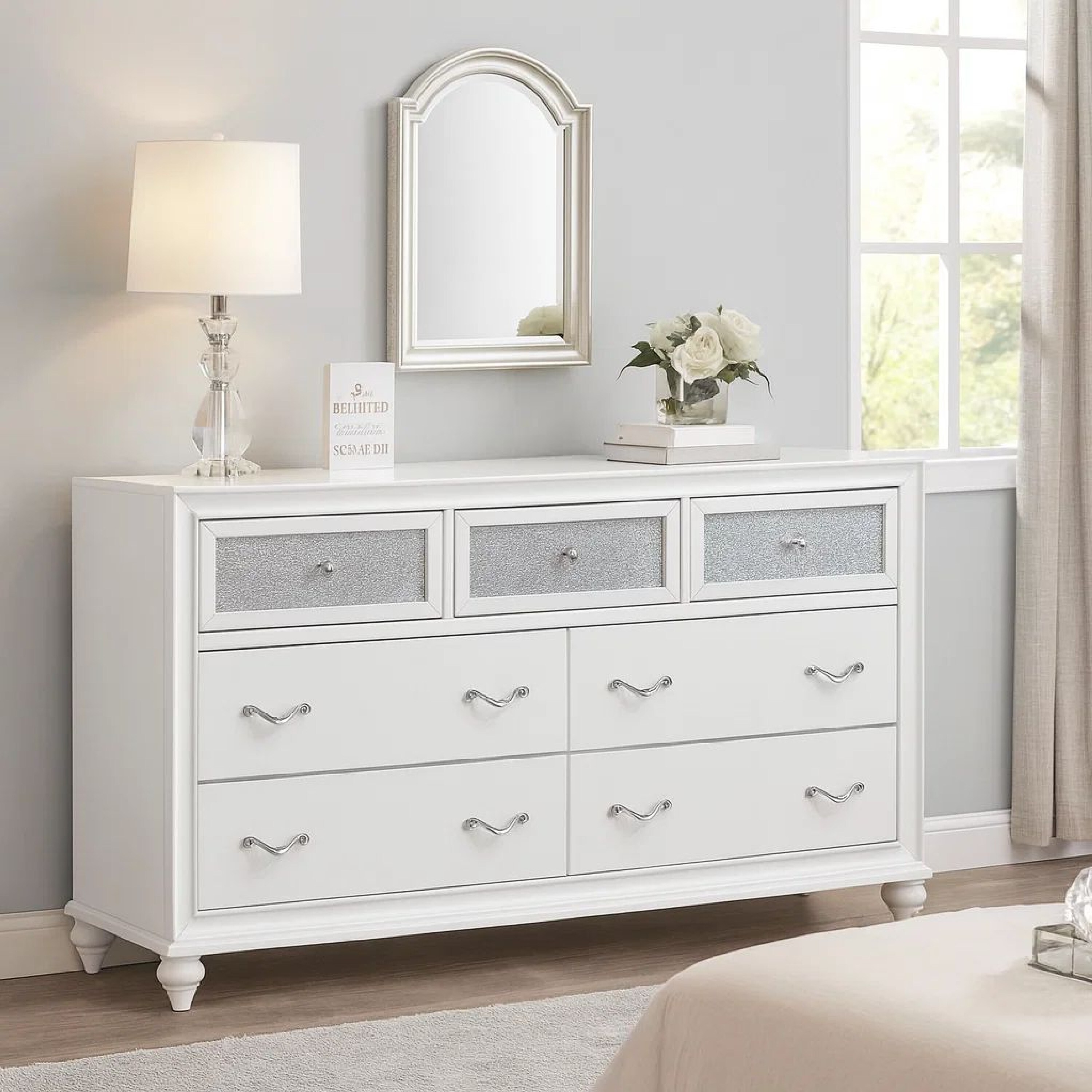 Dresser with 7 Drawers and Glitter Acrylic Front, White Dresser with 7 Drawers and Glitter Acrylic Front, White